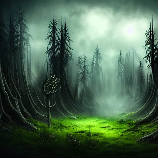 Prompt: dark fantasy landscape forest