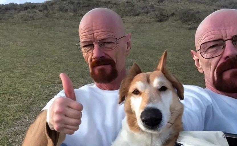 Image similar to walter white giving a thumbs up next to his dog, photo, selfie, trending, wholesome, supportive,