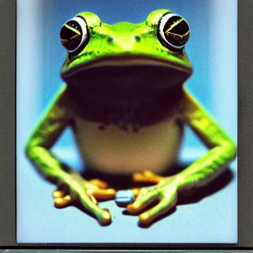 Image similar to a polaroid photo of a frog wearing headphones