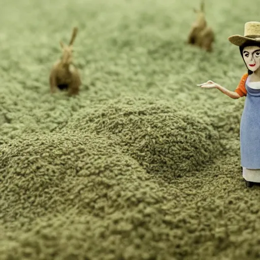 Image similar to a cinematic film still of a claymation stop motion film starring anne hathaway as female farmer, shallow depth of field, 8 0 mm, f 1. 8