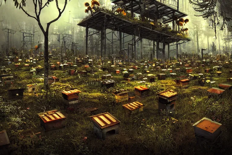 Image similar to simplicity, favela graveyard honeybee hive, fungal forest environment, industrial factory, cheerful, award winning art, epic dreamlike fantasy landscape, ultra realistic,