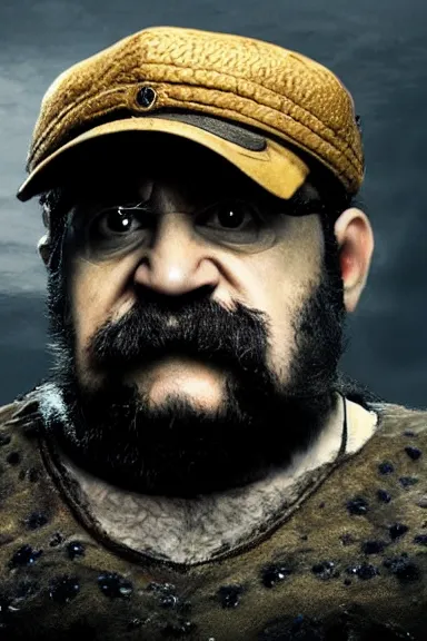 Image similar to very very intricate photorealistic photo of wario wearing his hat in an episode of game of thrones, photo is in focus with detailed atmospheric lighting, award - winning details