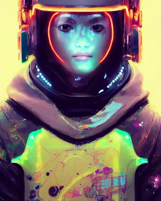 Prompt: detailed portrait Neon Spacesuit Girl, cyberpunk futuristic neon, reflective puffy coat, decorated with traditional Japanese ornaments by Ismail inceoglu dragan bibin hans thoma greg rutkowski Alexandros Pyromallis Nekro Rene Maritte Illustrated, Perfect face, fine details, realistic shaded, fine-face, pretty face