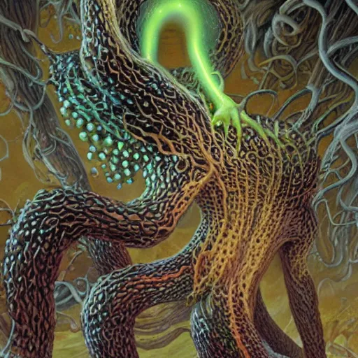 Image similar to Sporulating Morel Crystals Eldritch Mycelium Tentacle Monster by Jim Burns