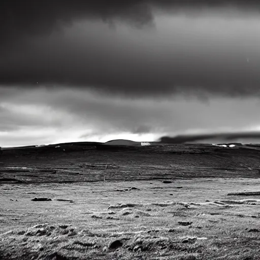 Image similar to a ww 2 photo of a battlefield in iceland. grainy, black and white, overcast sky.