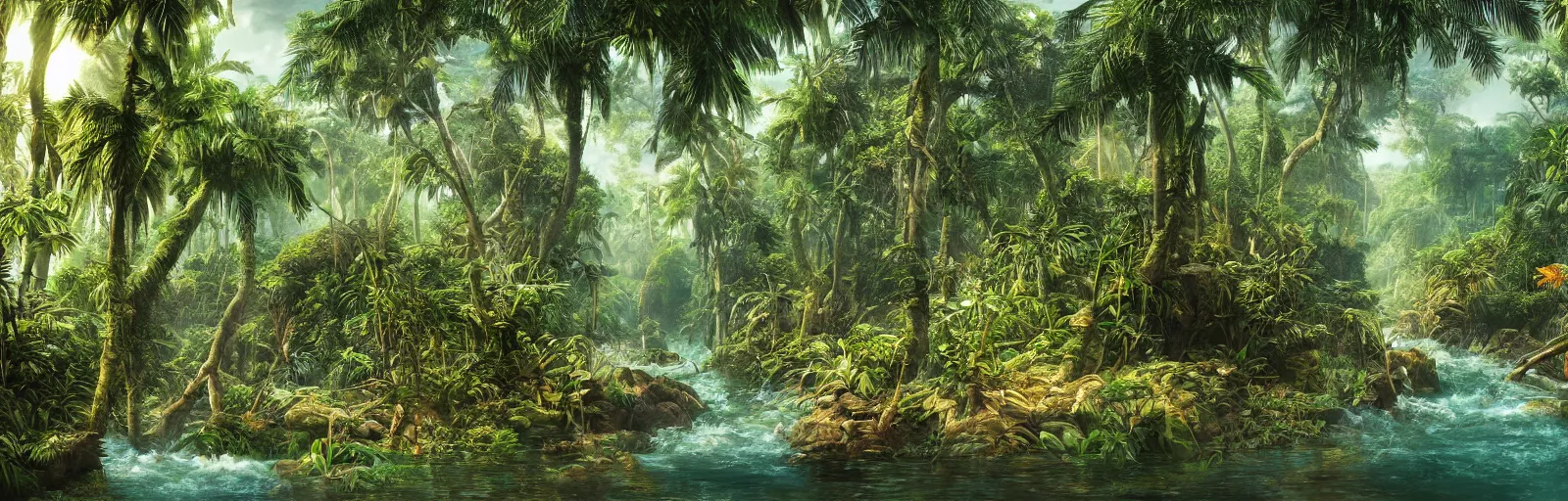 Image similar to painting of a jungle river!! scene on an alien planet by vincent bons. ultra sharp high quality digital render. detailed. beautiful landscape. weird vegetation. water.