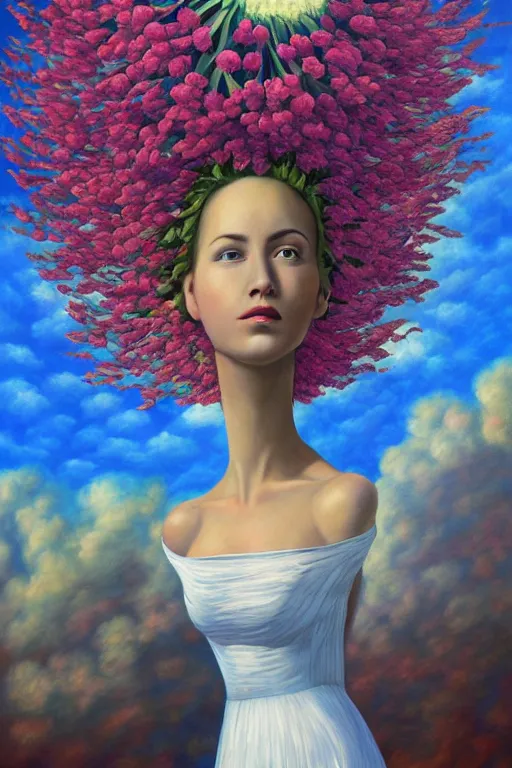 Image similar to closeup, giant flower head, woman in suit, clouds in sky, surreal, impressionist painting, digital painting, artstation, rob gonsalves