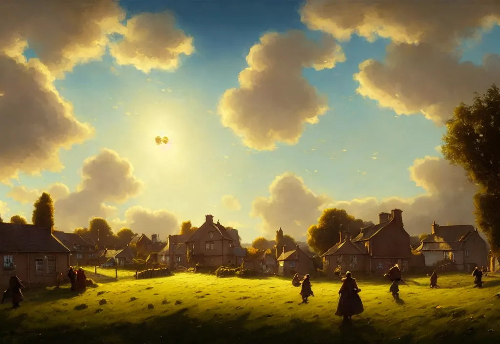 Prompt: a victorian village scene, houses and a field in the background, clear blue sky, cinematic view, epic sky, detailed, concept art, low angle, high detail, warm lighting, volumetric, godrays, vivid, trending on artstation, by jordan grimmer, art greg rutkowski