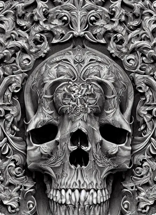 Image similar to hyper realistic photography depth map of intricate renaissance skull ornament relief leaves, cinematic, symmetric detailed, artstation, cgsociety