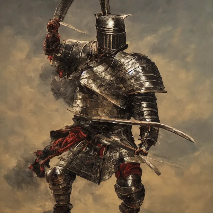Image similar to a oil painting of an Knight/samurai in a battle ready pose detailed realistic High Resolution HD 8k in color