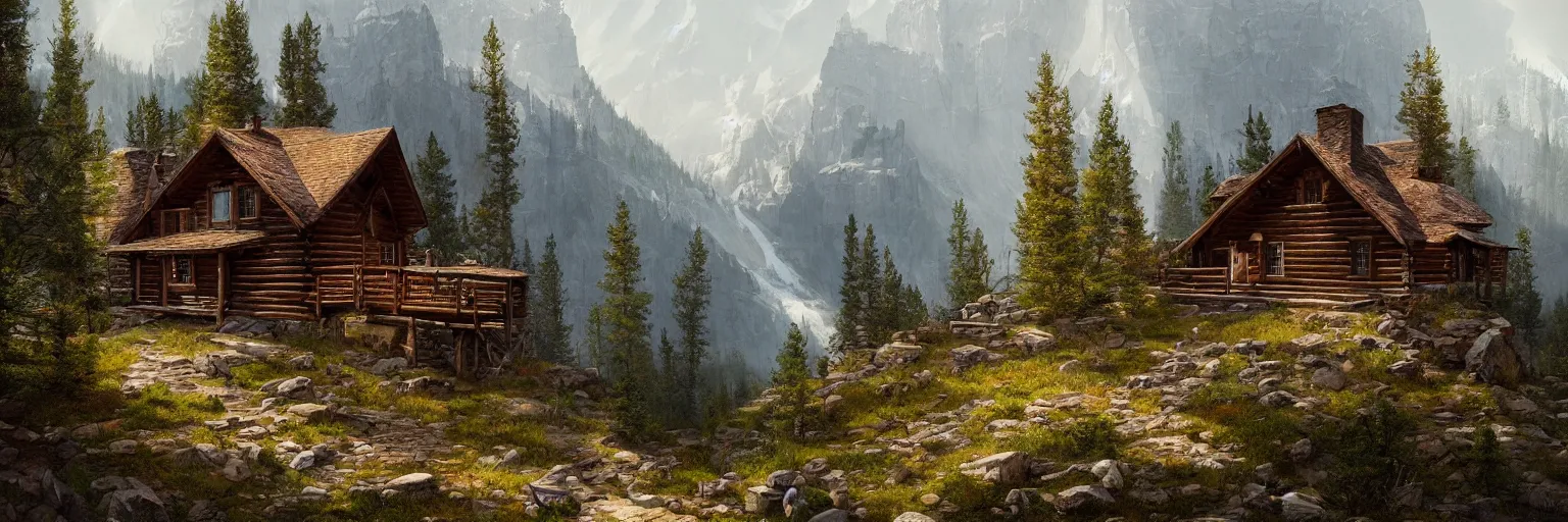 Prompt: a cabin on the side of a mountain in yellowstone, 8k, james gurney, greg rutkowski, john howe, artstation