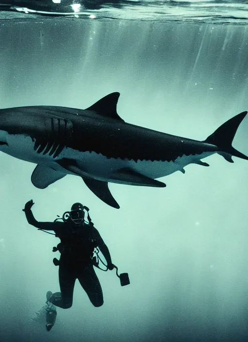 Prompt: cinematic night film of a close up side profile of eye of one very scarred marked giant male white shark swimming next to scuba diver in backlight, bubbles, dof, fog, cathedral light from above, blue gray lights, bokeh, ominous, dynamic cinematic lighting, hyper real, highly detailed, wetplate, 1 6 k, canon 5 0 mm lens,