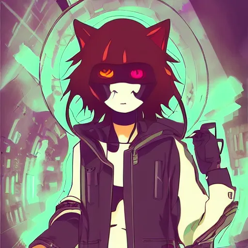 Image similar to a cyberpunk anime cat, 2 d illustration