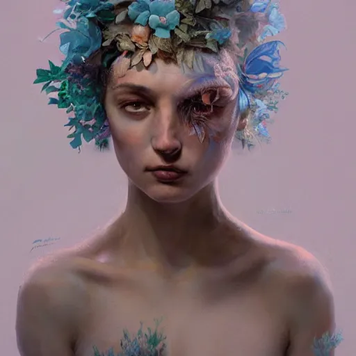 Image similar to beautiful woman under soft blue light by arcimboldo, greg rutkowski, trending on artstation, award - winning, masterpiece