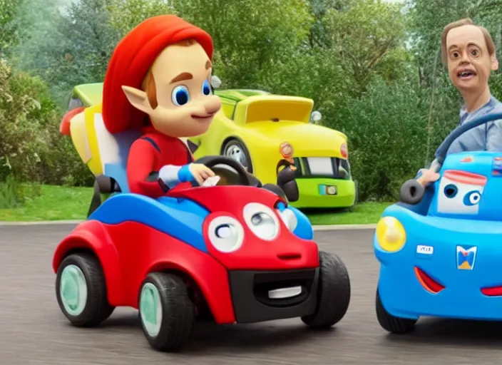 Image similar to steve buscemi driving a little tikes cozy coupe, movie still, from the new zelda game, 8 k, realistic