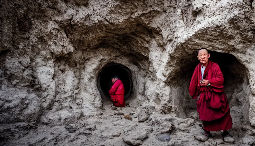 Image similar to a tibetan man in a flesh barque in a tiny tunnel of root, leica sl 2