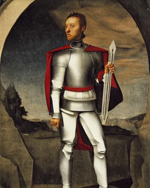 Image similar to a knight of the round table in starfleet uniform, by agnolo bronzino and giovanni bellini