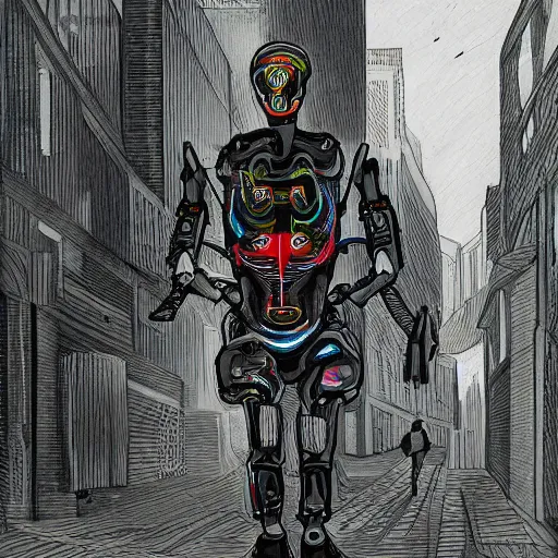 Prompt: nimble cybernetic exoskeleton running at an angle through a dilapidated cityscape drawn by Kevin siembada