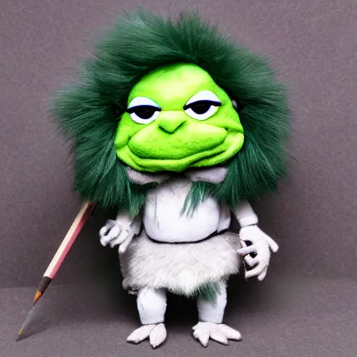 Image similar to dungeons and dragons egg white grung cleric as a chibi muppet plush wearing a big dark wolf pelt headdress and carrying a tiny sketch book and pencil, photorealistic, photography, national geographic, sesame street