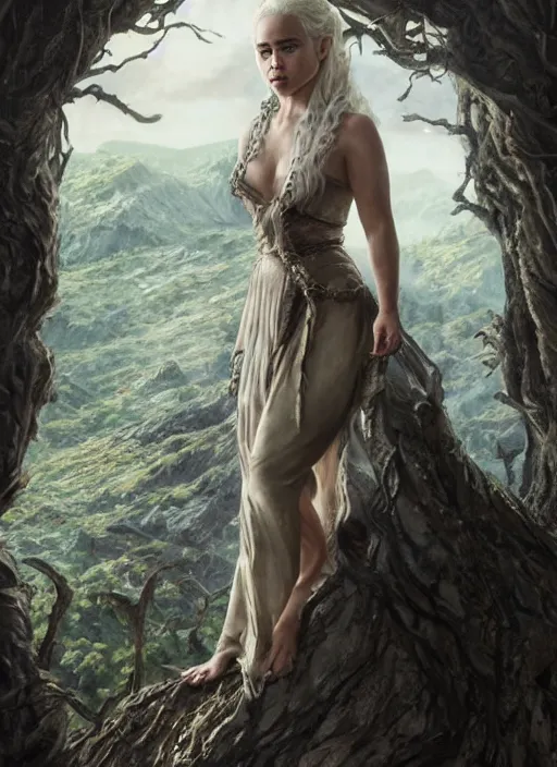 Image similar to Emilia Clarke as Daenerys Targaryen taking a rest under tree after an long adventure, a ruggedly muscled handsome heroine, intricate, elegant, highly detailed, centered, digital painting, artstation, concept art, smooth, sharp focus, illustration, artgerm, donato giancola, Joseph Christian Leyendecker, WLOP, Artgerm, thunder storm