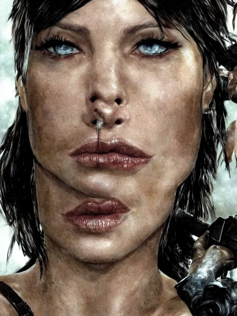 Image similar to close up potrait of Mila Jovovich face as tomb raider