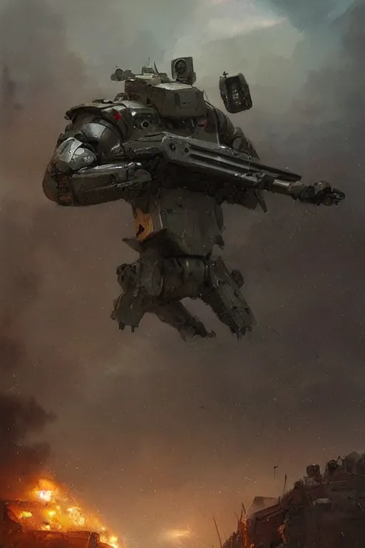 Image similar to a mech sodier with a head of a british longhair cat in the war, epic scene, by greg rutkowski