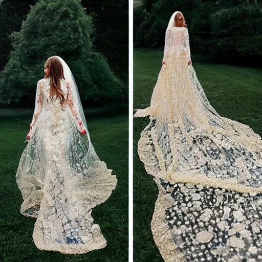 Prompt: a long wedding dress with a train made of flower petals made of light - colored fabric. transparent in places. in places, patterns of precious stones. intricate patterns of gold thin threads. fantasy. clear details