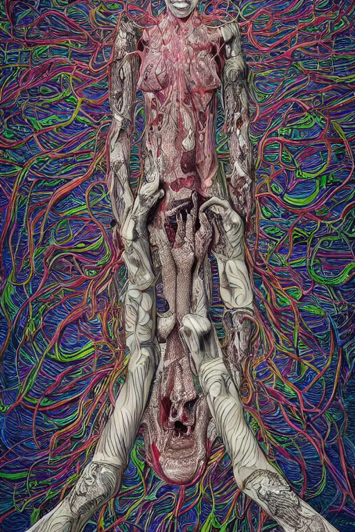 Image similar to Body breaking apart, Conjuring Psychedelic Illustration by Shintaro Kago, ultra realistic, highly detailed, beautiful detailed intricate insanely detailed octane render trending on Artstation, symmetrical, grotesque, 8K artistic photography,