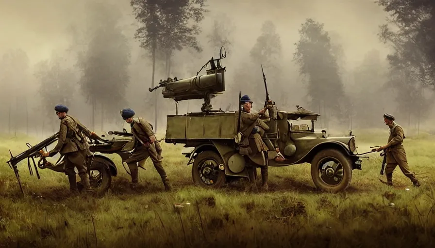 Prompt: British soldiers with a Lewis gun armed truck in 1921 in kerala forest road, tribe members attacking, action scene, an epic fantasy, dramatic lighting, cinematic, establishing shot, extremely high detail, photorealistic, cinematic lighting, artstation, matte painting by simon stalenhag, horizon forbidden west