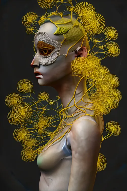 Image similar to intricate hyper detailed ultra sharp 3 d render of a beautiful porcelain cyberpunk women, unity of mood, large pore fungi embroidered, bright light, art nouveau, haute couture alexander mcqueen leaves stems dahlia transparent fractal dandelion yellow pistil filigree roots, octane render, volumetric cinematic lighting, 8 k post - production