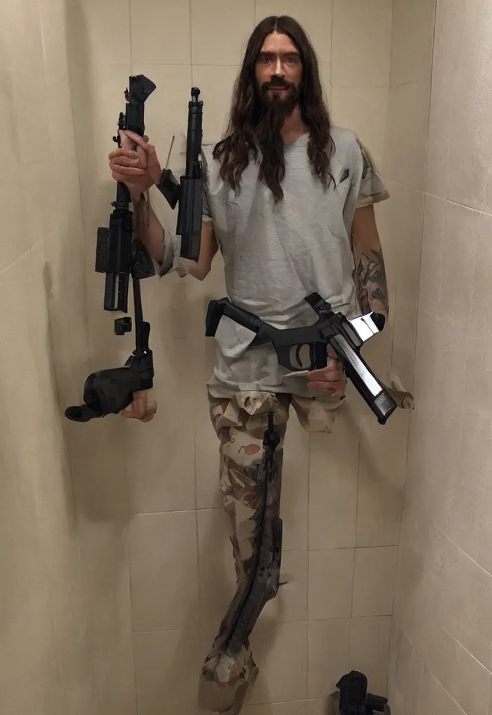 Image similar to jesus christ posing on instagram in his bathroom with an m 1 6