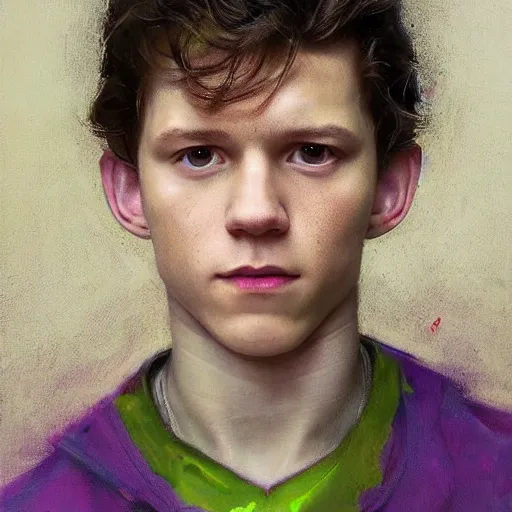 Prompt: tom holland wearing green tunic holding glowing purple orb by ruan jia, portrait