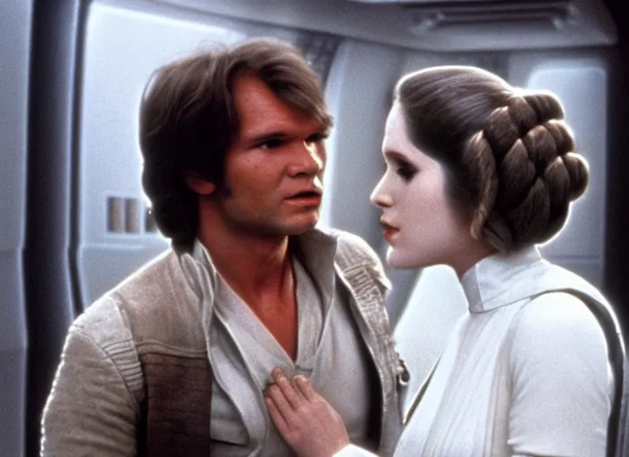 Image similar to screenshot of Han Solo standing next to Princess Leia Organa kiss, alone, pensive, iconic scene from 1970s Star Wars film directed by Stanley Kubrick, in a sci fi nursing home architecture, last jedi, 4k HD, cinematic still frame, photoreal, beautiful portraits, moody lighting, stunning cinematography, anamorphic lenses, kodak color film stock