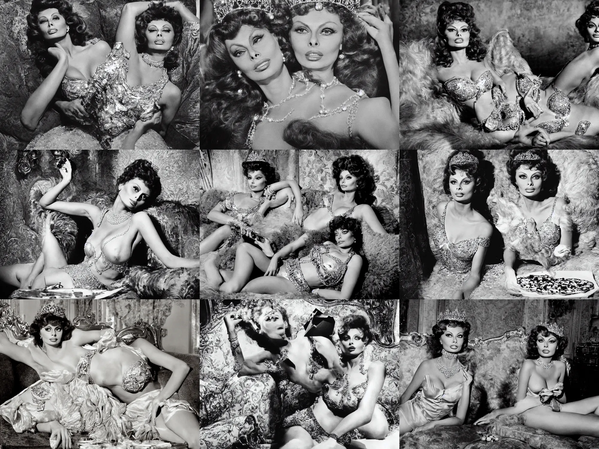 Prompt: a photo of young sophia loren, posing as a queen, lounging on expensive sofa, wearing tiara, pearl necklace, royal gown, eating pizza margherita, beautiful, stunning, golden lighting, exquisit detail, masterpiece, burlesque photo by letizia battaglia