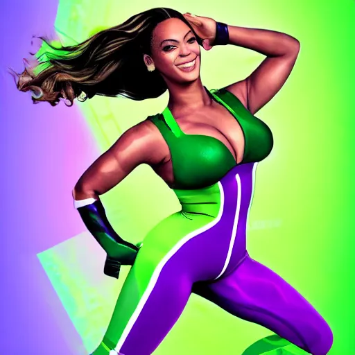 Image similar to Singer Beyoncé as She-Hulk with green skin, white leotard with two purple vertical stripes, green skinned, wearing purple and white fingerless gloves, wearing purple and white sneakers, mini skirt, smiling, photorealistic, sports illustrated, detailed legs, hyperreal, surreal, bokeh, tilt shift photography, green arms, green legs, green face,