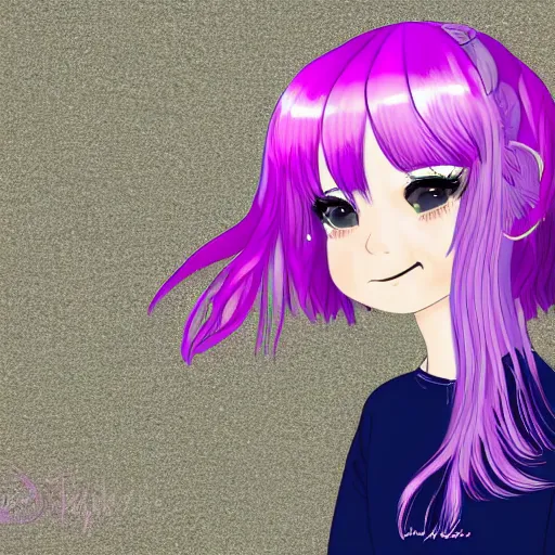 Prompt: girl with short wavy pink-purple hair with bangs, wears a black headband, has long eyelashes with dark eyes and smiling faintly, wears a long-sleeved blue blouse with frills, a long pink flare-skirt. looking sideways. Dark Digital art