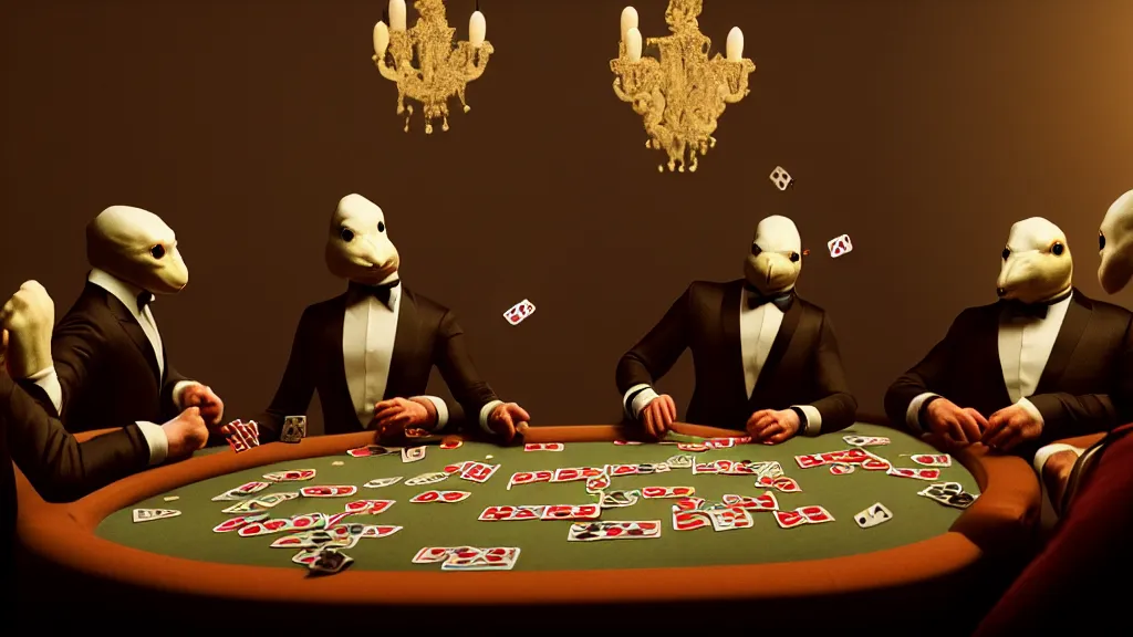 Prompt: hyperrealism simulation highly detailed human turtles'wearing detailed tuxedos and smoking, playing poker in surreal scene from renaissance movie from future by wes anderson and denis villeneuve and mike winkelmann rendered in blender and octane render