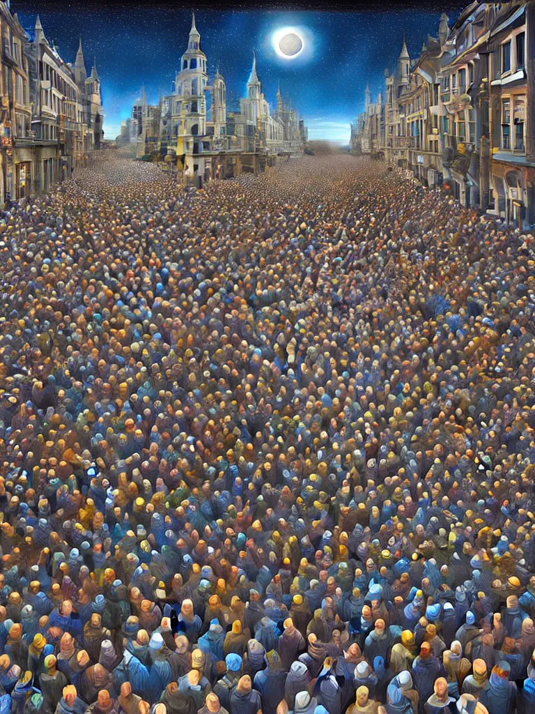 Image similar to A crowded street extending into the night sky, matte painting by Rob Gonsalves, in the style of Salvador Dalí, surrealism, magic realism, optical illusion art