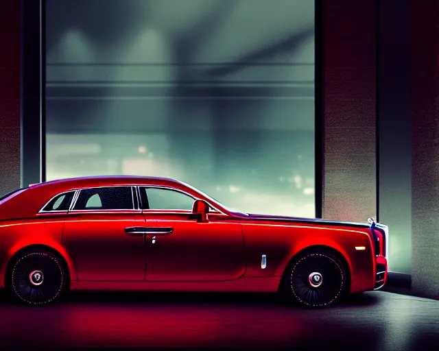 Prompt: future rolls royce car with red neon, full frame, dark and mysterious, atmospheric, ominous, eerie, cinematic light, epic, 8 k 3 d, ultra detail, ultra realistic, by wlop, by mucha, by giger