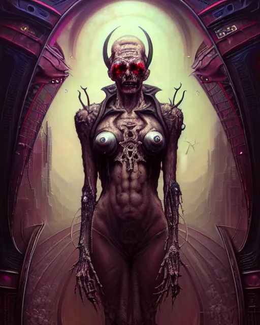 Image similar to front shot of a cyberpunk dead demon mastermind character, intricate, elegant, highly detailed, centered, (((artstation, concept art, smooth, sharp focus, artgerm, Tomasz Alen Kopera, Peter Mohrbacher, donato giancola, Joseph Christian Leyendecker, WLOP, Boris Vallejo))), mugshot!!!!!, ugly!!!!!!, octane render, nvidia raytracing demo, grainy, muted