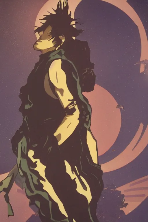 Image similar to concept art, silhouette of Spike Spiegel from Cowboy Bebop in front of the moon Ganymede in the style of Alphonse Mucha and Hiroya Oku, 8k, very high detail, octane render