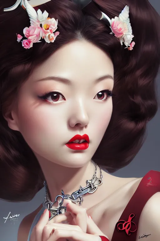 Image similar to a pin up and beautiful fashion and charming and dreamlke japan girl with lv jewelry, art by artgerm & jeehyung lee & wlop, hyperdetailed, 8 k realistic, symmetrical, frostbite 3 engine, cryengine, dof, trending on artstation, digital art, lv, dior