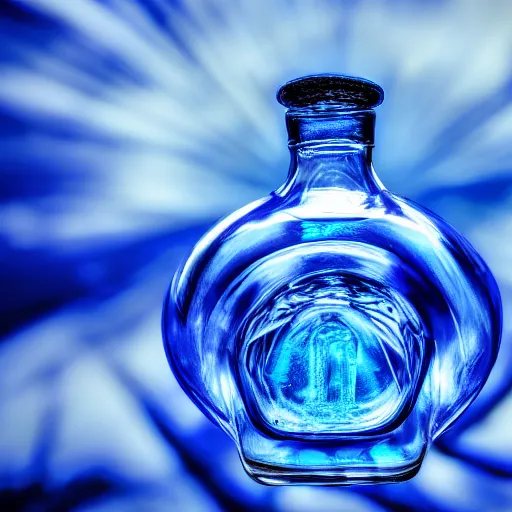 Image similar to blue flame in a bottle, 4 k, photography, highly detailed