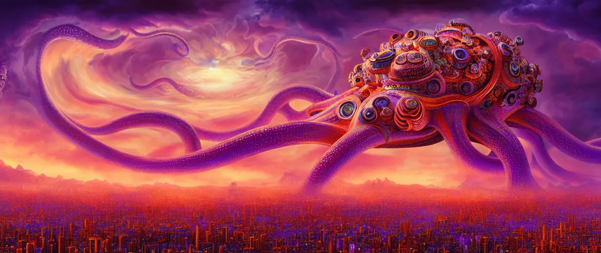 Prompt: hyper-ornate bio-morphic sky city built on giant orange and purple cyborg octopus puffy clouds matte painting concept art alex grey salvador dali cinematic soft glow lighting high angle hd 8k sharp shallow depth of field