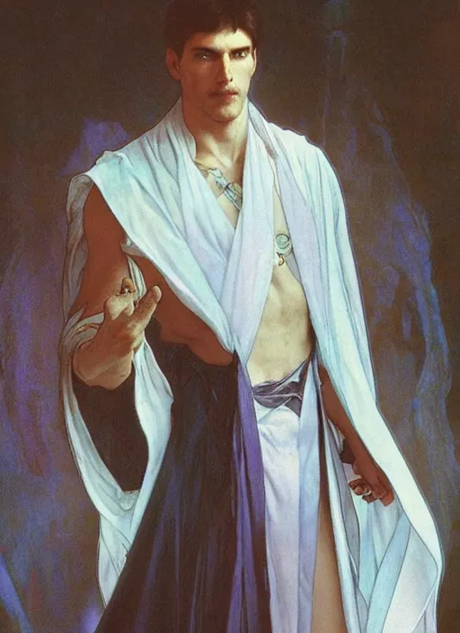 Image similar to a tall, muscular man with dark hair and pale skin. he is wearing a white royal robe. i'm the background, rainbow colors swirl around him. chromatic light. portrait painting by artgerm and greg rutkowski and alphonse mucha.