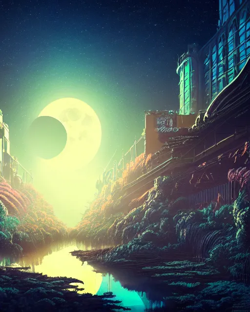 Image similar to reclaimed by nature by moon hoon, darkacademia atlantis cosmic san andreas at dawn neon signs tokyo synthwave universe, archdaily, wallpaper, highly detailed, trending on artstation.