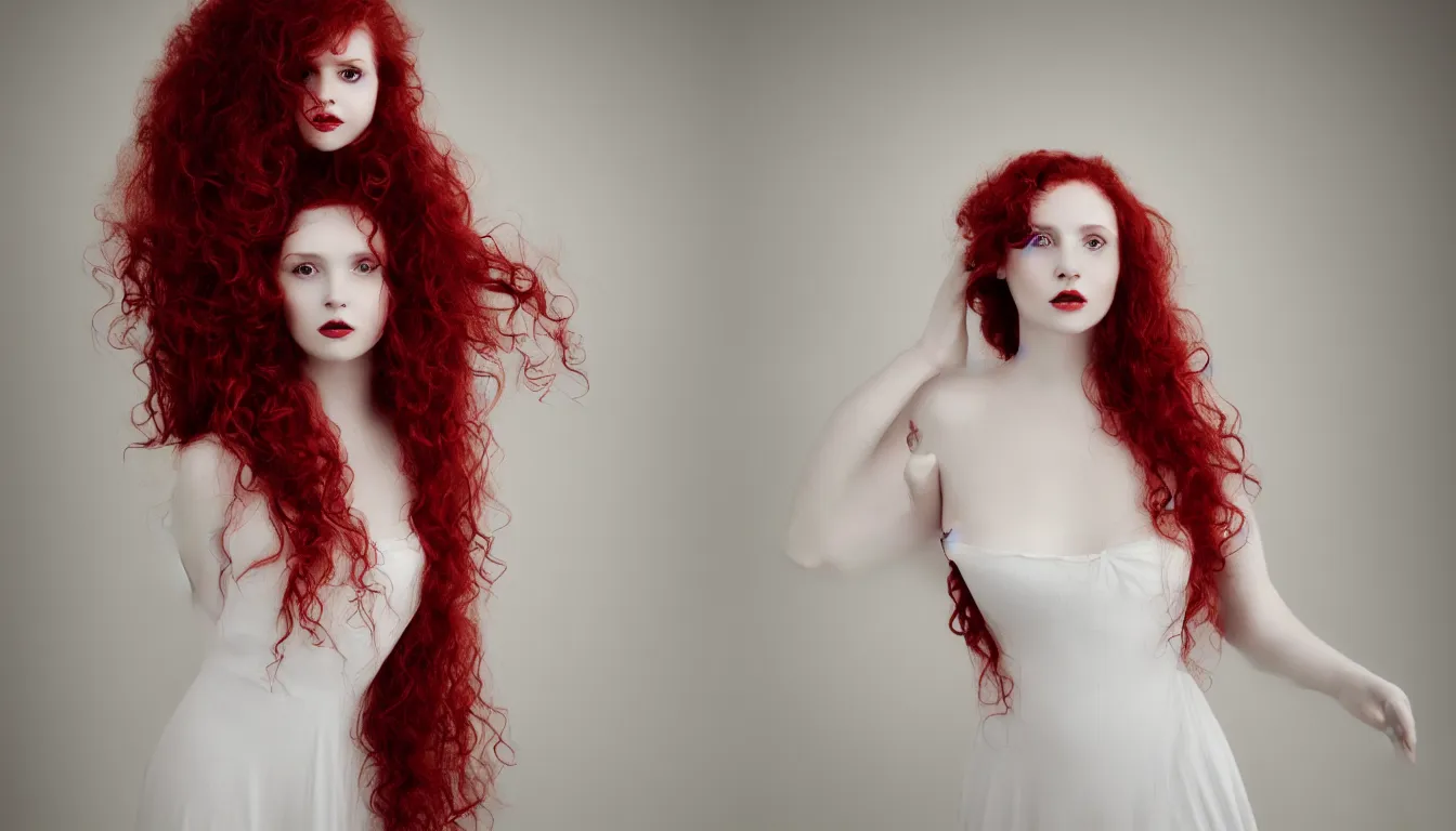 Prompt: a portrait photography of a beautiful woman with red long curly hair and full body dress in white by Flora Borsi, soft natural lighting, pastel colors scheme, fine art photography, 50 mm sigma art