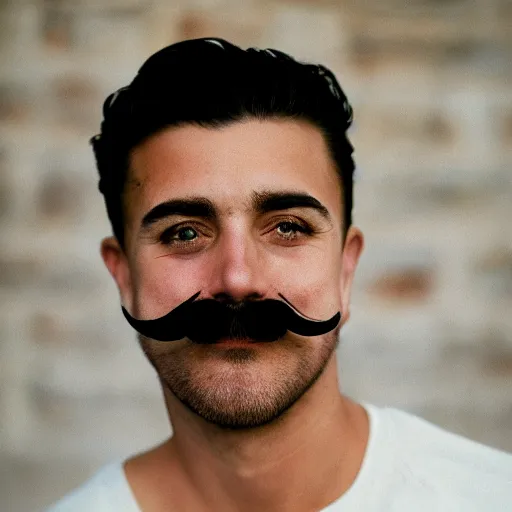 Image similar to a headshot of a happy masculine gay man with a mustache and green eyes, 35mm photo