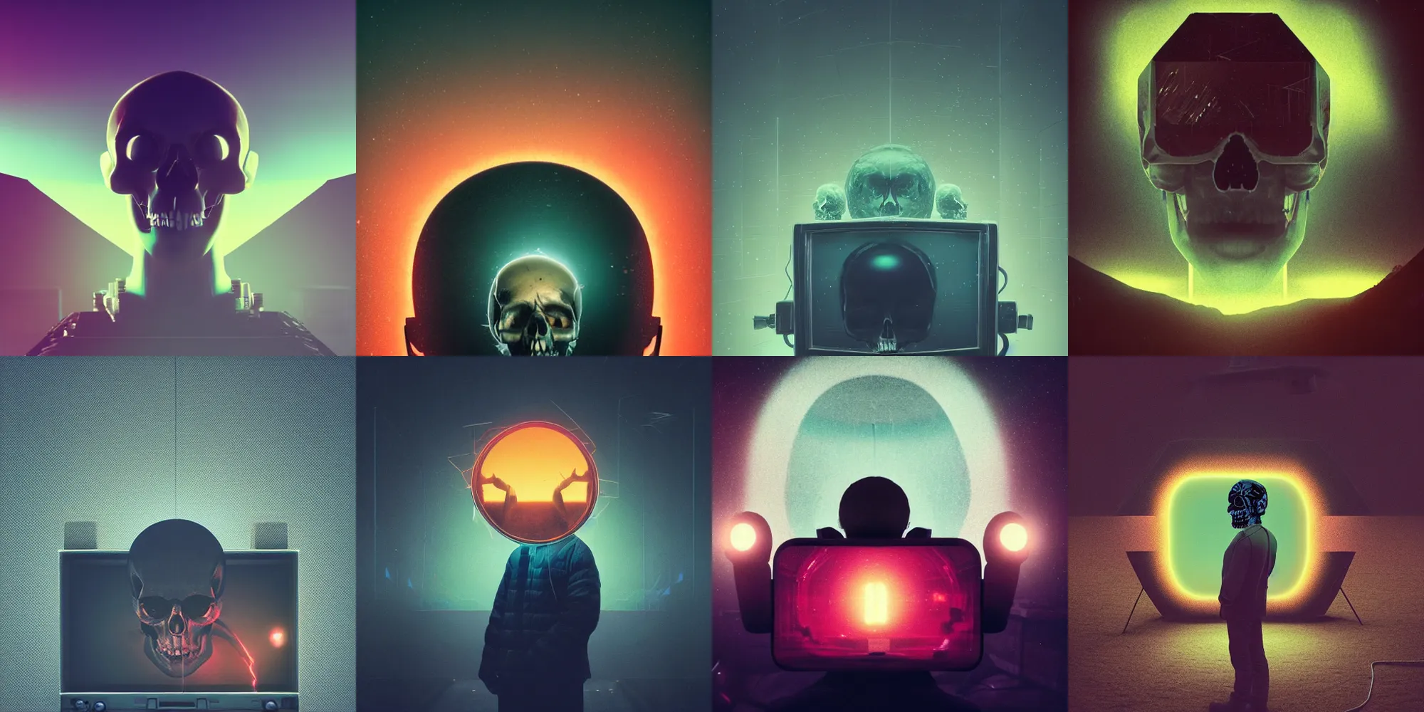 Prompt: beautiful dark landscape, person with old television head, skull on the screen, in the style of beeple and Mike Winkelmann, intricate, epic lighting, cinematic composition, hyper realistic, 8k resolution,