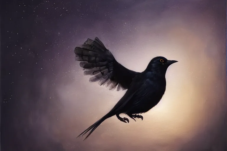 Prompt: hyperrealistic mixed media painting of a blackbird singing in the dead of night, dim volumetric lighting, 8k octane beautifully detailed render, post-processing, portrait, extremely hyper-detailed, intricate, epic composition, cinematic lighting, masterpiece, trending on artstation, stunning, art by P. Craig Russell and Barry Windsor-Smith